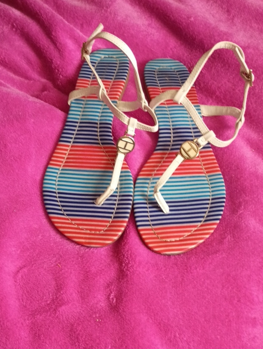 Tommy Hilfiger White Strappy Sandals with Red & Blue Striped Footbed